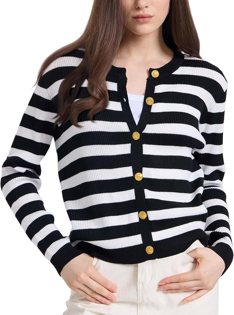 Women's Striped Cardigan Sweaters Lady Jackets Button Down Cropped Knit Coat Oufits Trendy Outerw... | Amazon (US)