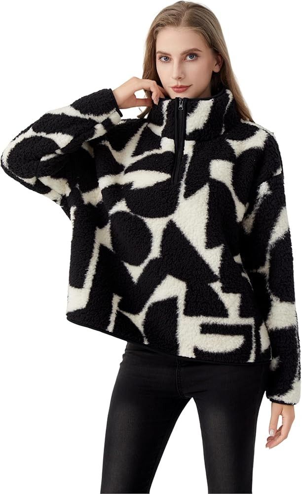 Fashion Women's Sherpa Pullover, Fleece Stand Collar Jacket with Animal Geometric Print, Cozy Win... | Amazon (US)