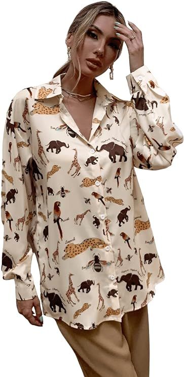 SweatyRocks Women's Graphic Print Long Sleeve Button Down Shirt Long Tunic Blouse Top | Amazon (US)