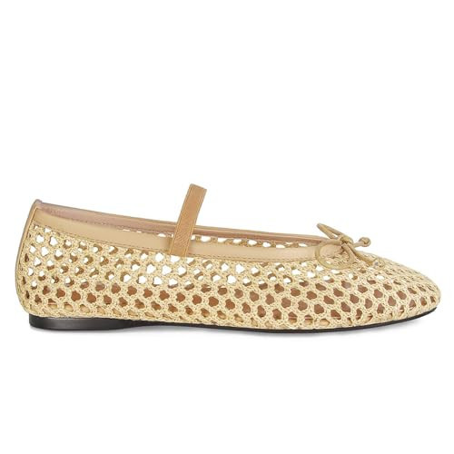 MICIFA Woven Mesh Ballet Flats for Women Raffia Round Toe Bow Mary Jane Flats Straw Ballerinas Flats Wedding Natural Crocheted Dress Shoes Apricot Beige | Amazon (US)