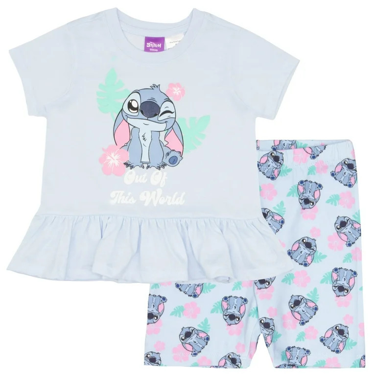 Disney Lilo & Stitch Girls 2-Piece Set - Ruffle Hem Short Sleeve Graphic Print T-Shirt and Biker ... | Walmart (US)