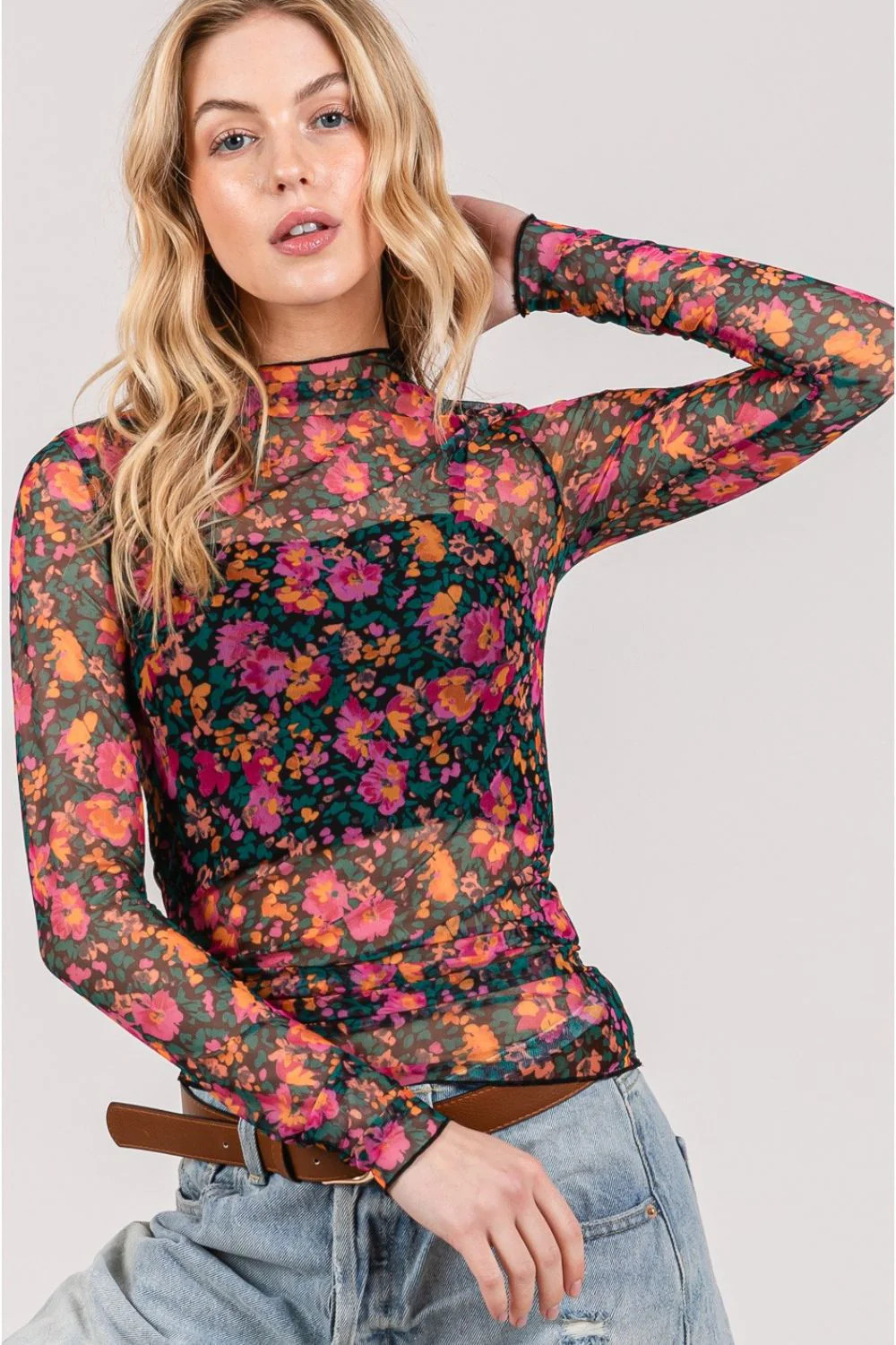 SAGE + FIG Floral Mesh Long Sleeve Top Black / L | Casual Chic Boutique