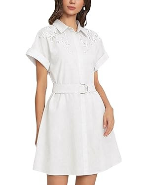 Women's Boho Eyelet Lace Shirt Dress Summer V Neck Short Sleeve Embroidered Mini Dress Button Up ... | Amazon (US)