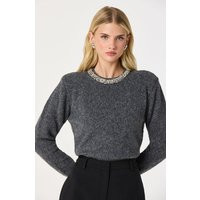 ASTR the Label | Embellished Collar Crewneck Sweater in Charcoal grey | Size M | ASTR The Label (US)
