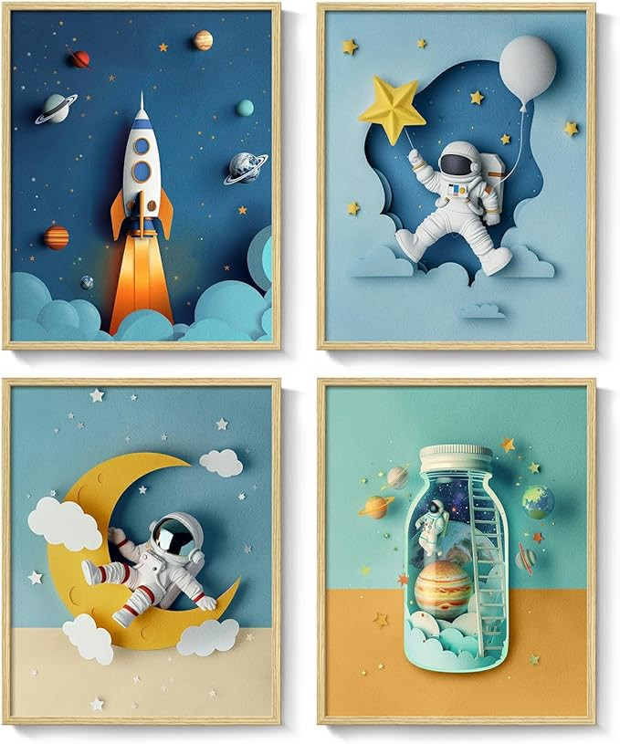 Framed Space Astronaut Cool Wall Art for Nursery Decor, 4 Piece Modern Space Themed Canvas Prints... | Amazon (US)