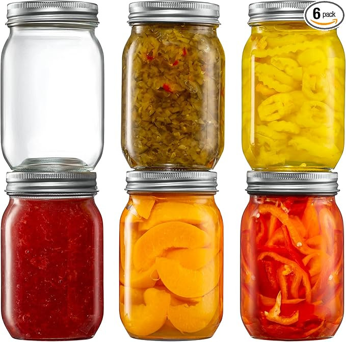 [6 Pack] 16 oz. Regular-Mouth Glass Mason Jars with Metal Airtight Lids and Bands for 1 Pint Cann... | Amazon (US)