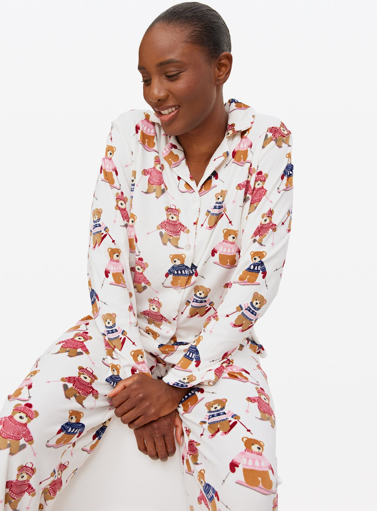 Mini Me Women's Christmas White Ski Bear Slinky Fleece Pyjamas | Tu Clothing
