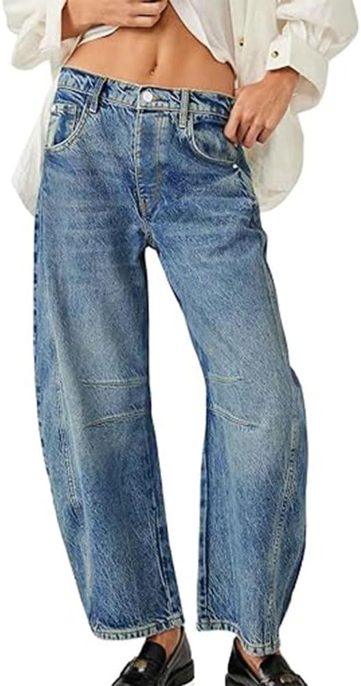 HUNGSON Women's Barrel Jeans Wide Leg Mid Rise Loose Y2k Baggy Boyfriend Jeans Denim Ankle Pants | Amazon (US)