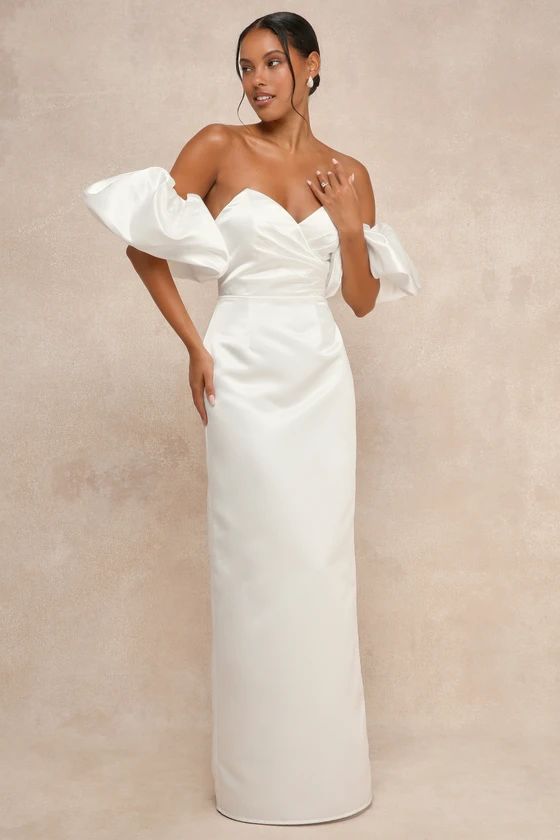 White Satin Pleated Puff Sleeve Maxi Dress | White Bridal Dress | Bridal Outfits | Lulus