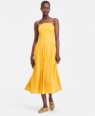 Women's Cotton Gauze Curved-Waist Mixed-Media Midi Dress | Macy's