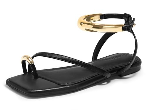 Coutgo Womens Strappy Flat Sandals Flip Flops Open Toe Ring Sandals Metal Ankle Strap Summer Beach Shoes, Black, Size 7.5 | Amazon (US)