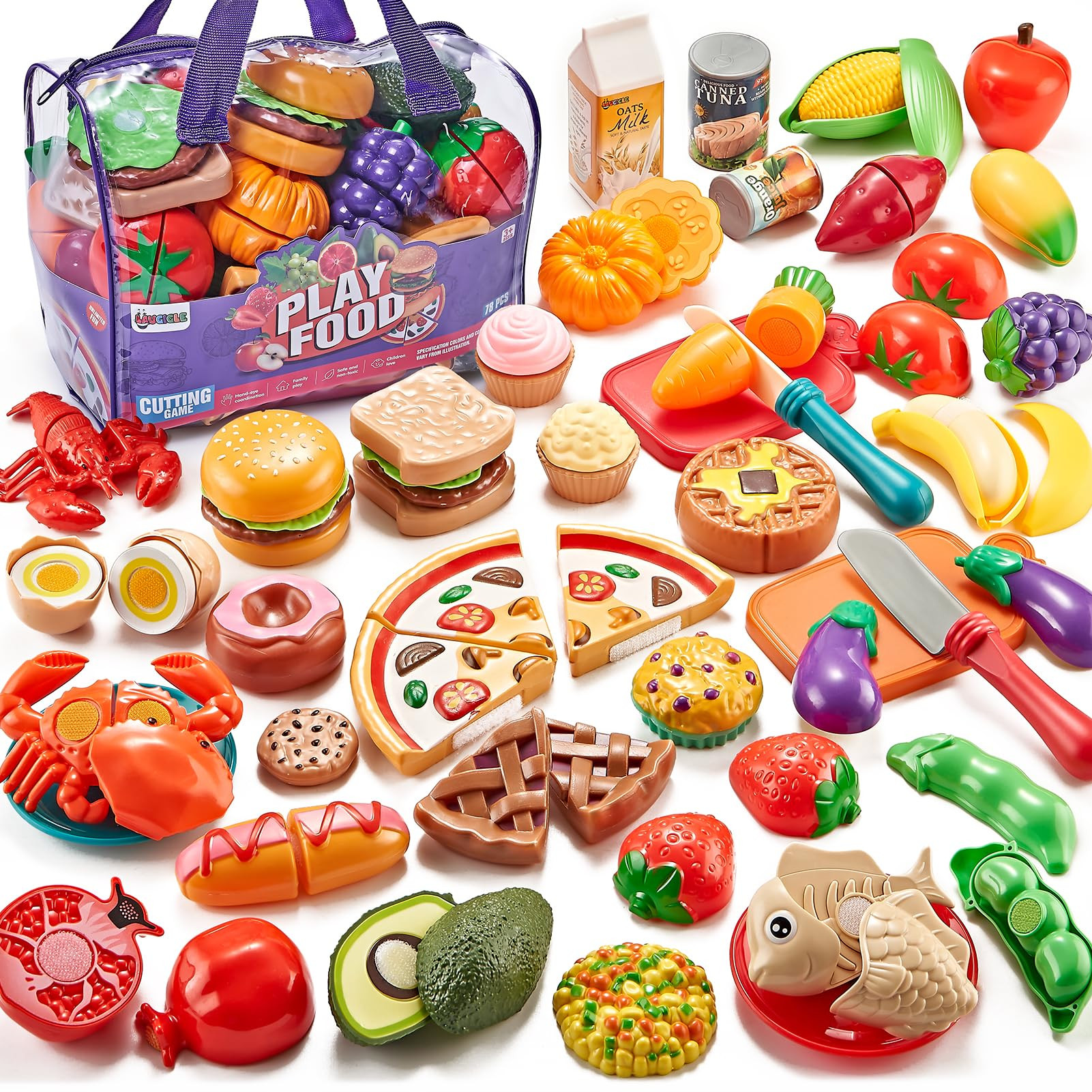 Pretend Play Food for Kids Kitchen - 78Pc Cutting Toy Food with Storage Bag, Food Toys with Veggi... | Amazon (US)