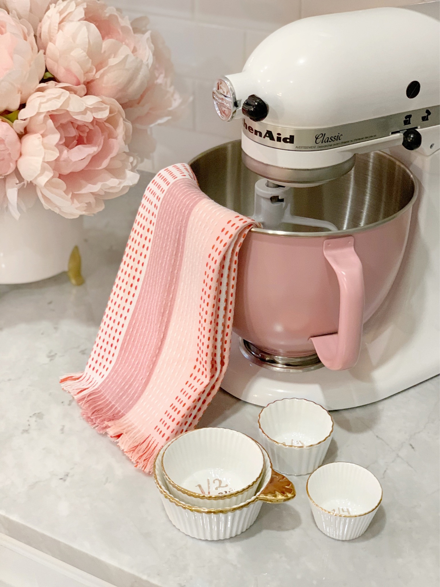 Pink kitchenaid mixer bowl, baking essentials  kitchen accessories  white and gold measuring cups 

#LTKhome #LTKsalealert #LTKunder50