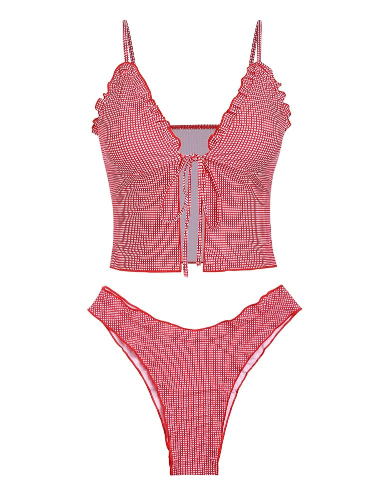 seamoly Women's Tankini Sets Tie Front Ruffle Bikini Set High Cut Thong Two Piece Swimsuit Floral... | Amazon (US)