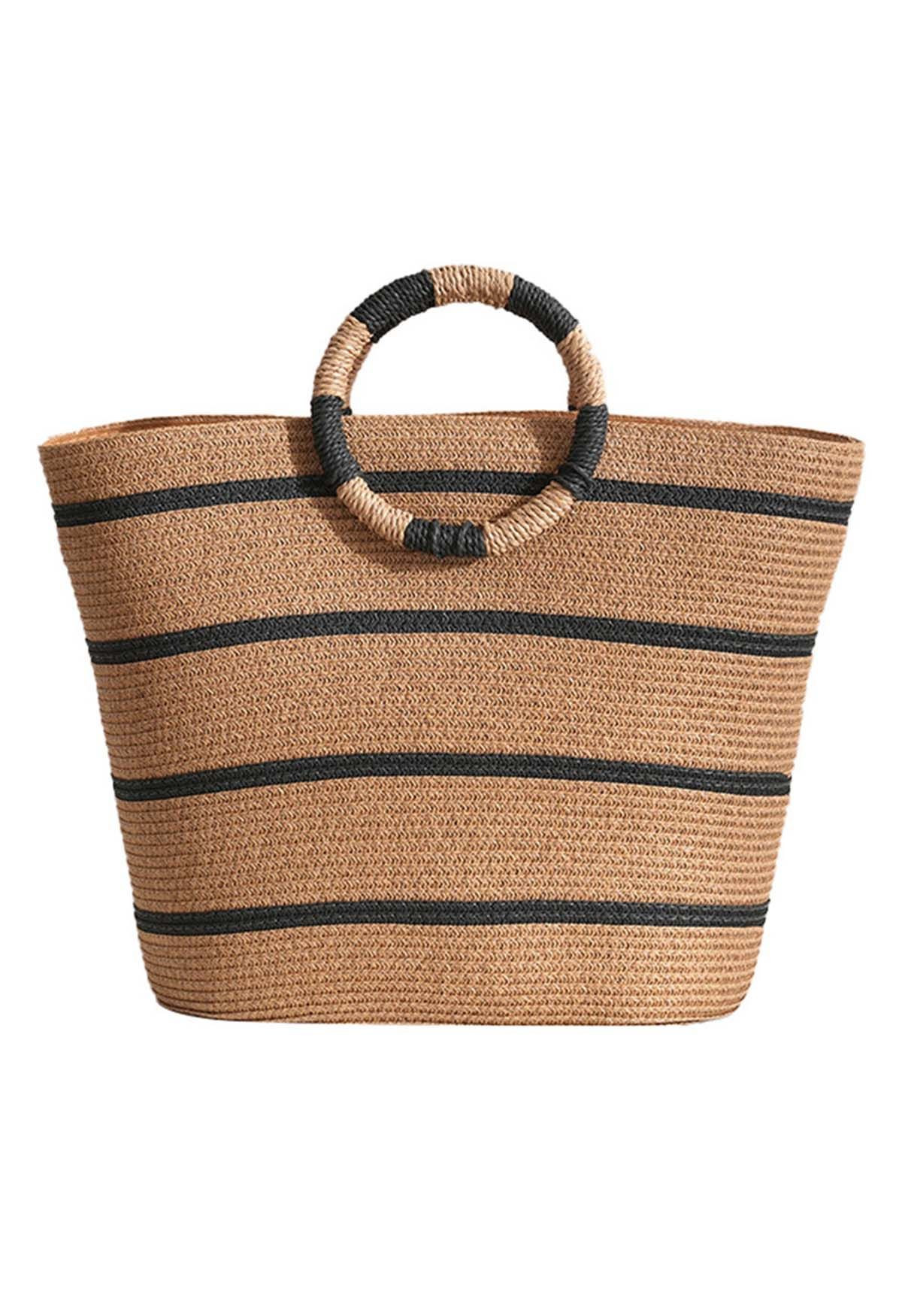 Round Handle Striped Woven Straw Bag | Chicwish