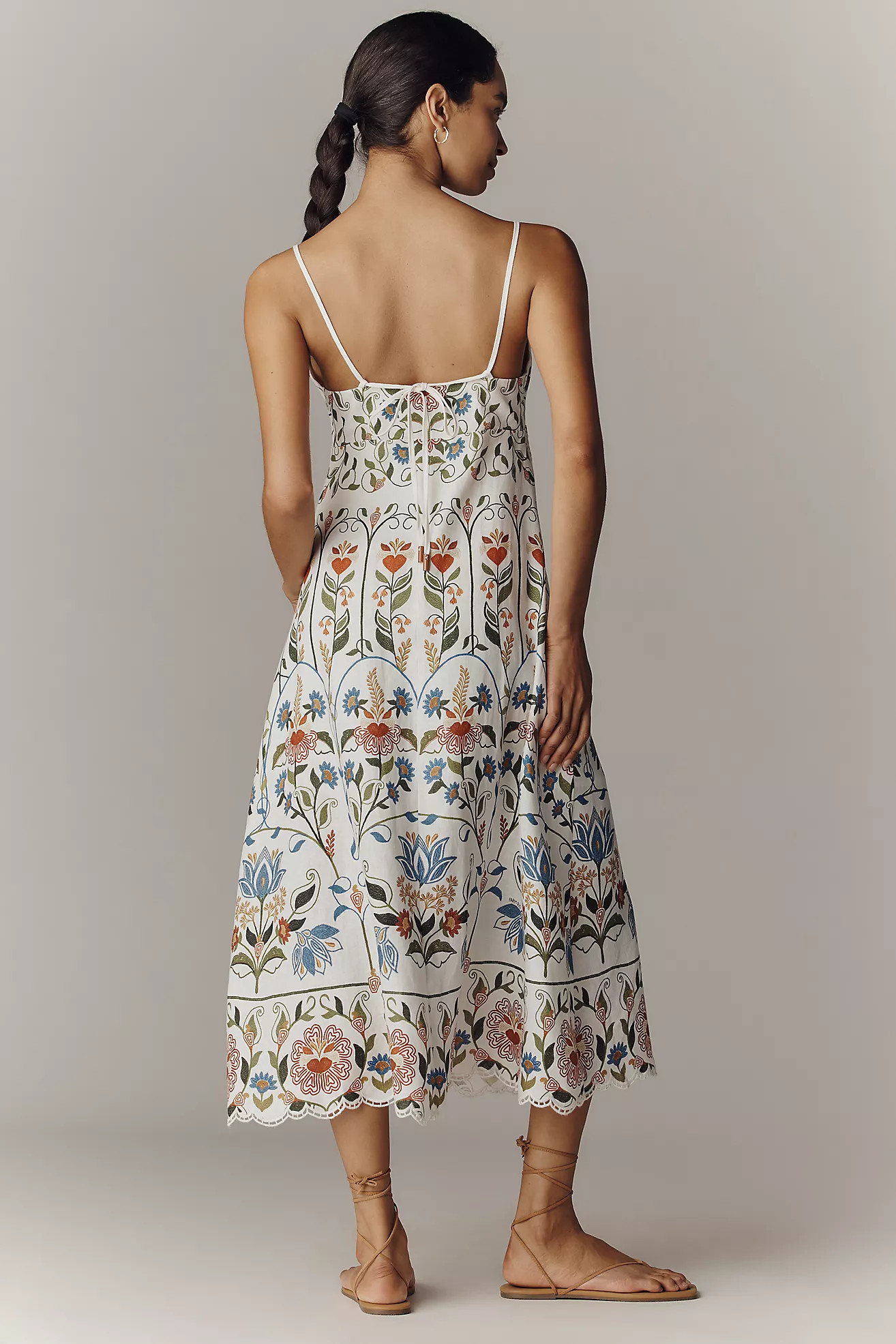 Farm Rio Scalloped Sleeveless Linen V-Neck Midi Dress | Anthropologie (US)