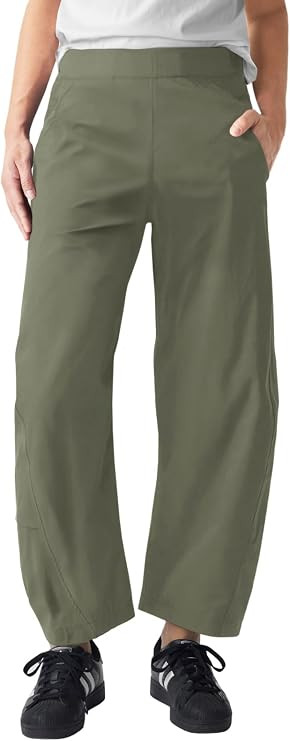 Womens Elastic Waist Ankle Pants Baggy Curved Tapered Leg Barrel Travel Pants with Pockets | Amazon (US)