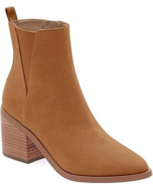 Coutgo Womens Pointed Toe Ankle Boots Chunky Block Stacked Heel Side Zipper Chelsea Fall Booties | Amazon (US)