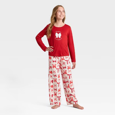 Girls' 2pc Bows Long Sleeve Holiday Pajama Set - Cat & Jack™ Red | Target