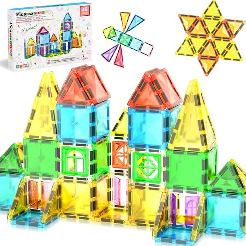 PicassoTiles Magnet Tile Building Blocks 48 Piece Travel Sized Playset with Windows and Clip-on Doors Construction Stacking Magnetic Tiles Block Learning Educational STEM Toy Boys Girls Age 3+ PTM48 | Amazon (US)