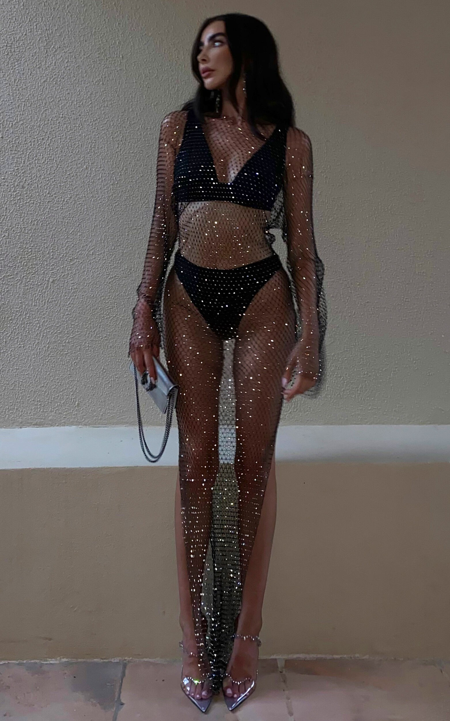 Hanica Maxi Dress - Diamante Mesh Long Sleeve Dress in Black | Showpo (US, UK & Europe)