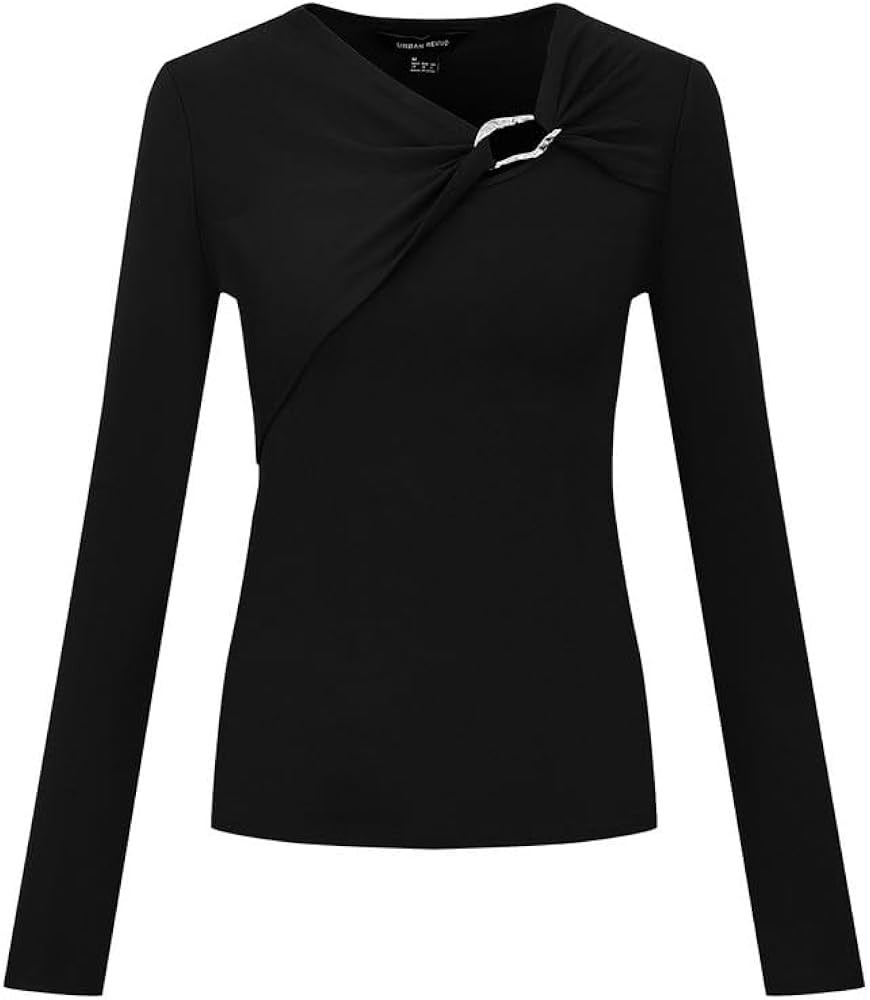 URBAN REVIVO Women's Asymmetrical Neck Knot Front T-Shirts Long Sleeve Shirts Slim Fitted Ruched ... | Amazon (US)