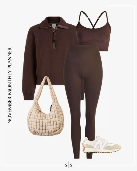 Monthly outfit planner: NOVEMBER Fall and Winter looks | fleece pullover, brown leggings, quilted puffer tote, sneakers, brown sports tank, athleisure wear, casual style, weekend wear

See the entire calendar on thesarahstories.com ✨

#LTKfitness #LTKstyletip