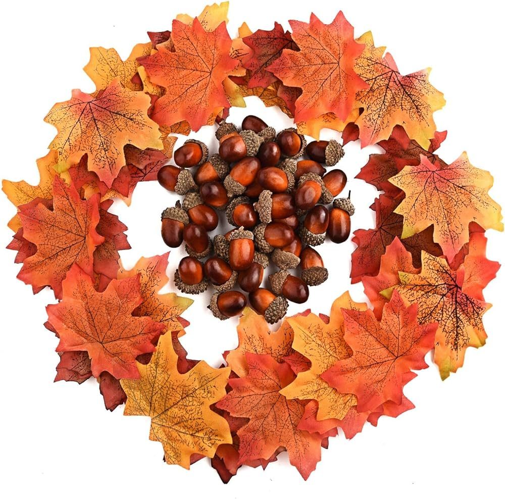 FEPITO 350 PCS Autumn Table Decorations Scatters Set, Artificial Maple Leaves and Artificial Acorns  | Amazon (US)