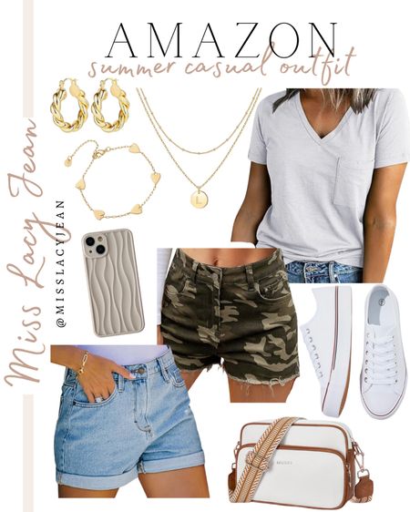 Amazon casual outfit includes camo shorts, jean shorts, white tee, white sneakers, crossbody bag, cell phone case, gold jewelry.

Casual outfit, looks for less, Amazon finds, summer outfit

#LTKFindsUnder50 #LTKStyleTip #LTKShoeCrush