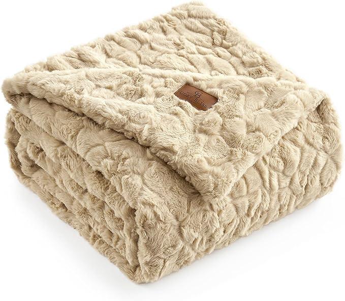 Cozy Bliss Faux Fur Throw Blanket for Couch, Fuzzy Soft Plush Thick Warm Fluffy Reversible Wave T... | Amazon (US)