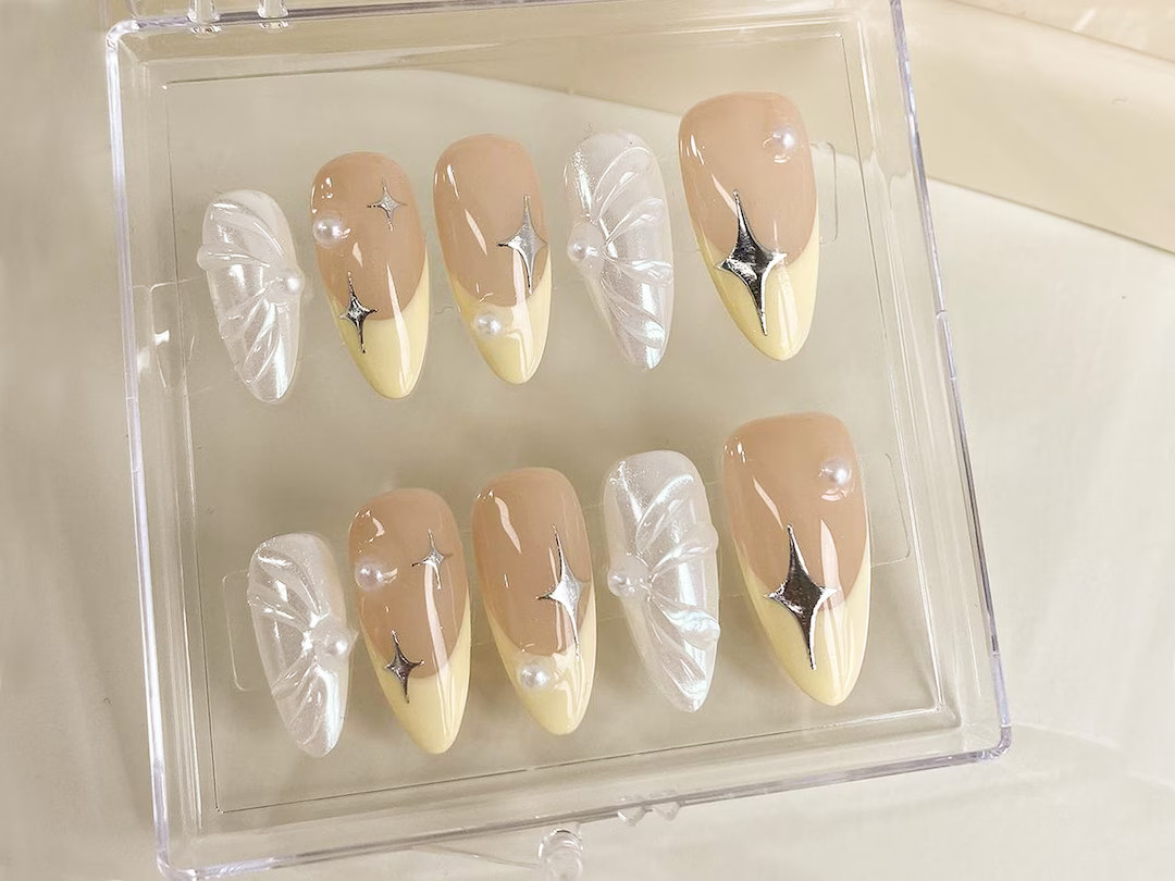 Celestial Dreams Press on Nails | Elegant Nude Butterfly Nail Art | Night Sky Acrylic Nail | Subt... | Etsy (US)