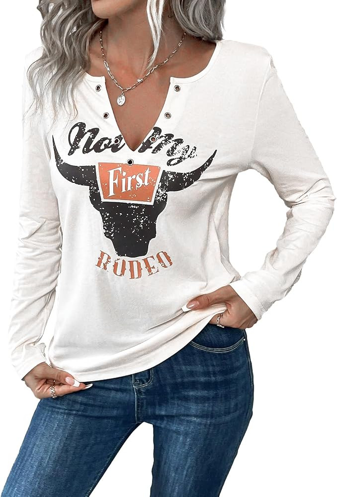 Women's Cowboy Shirt Country Concert Outfit Cute Western Graphic Tee Casual Notched Neck Long Sle... | Amazon (US)