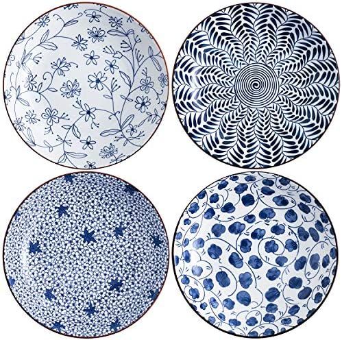 Swuut Ceramic Pasta Bowls Set,Blue and White 8 inch Salad Bowl Floral Dinner Shallow Plates Set of 4 | Amazon (US)