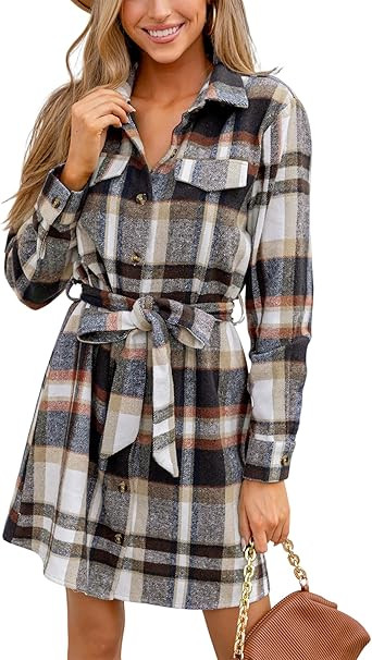 CUPSHE Women's Mini Fall Dresses Button Long Sleeves Plaid Belted Casual Short A Line Shirt Dress | Amazon (US)