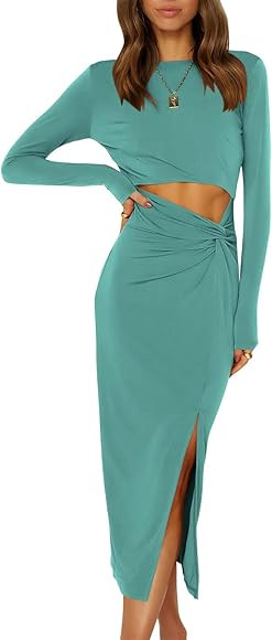Prinbara Women’s Midi Dress Cutout Slit Long Sleeve Crewnenk Twist Sexy Bodycon Dresses | Amazon (US)
