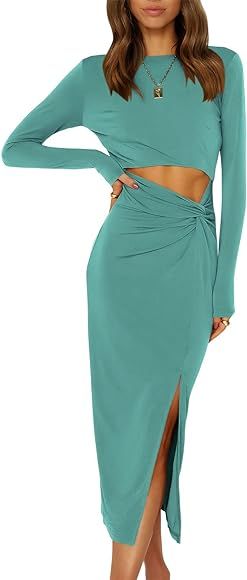 Prinbara Women’s Midi Dress Cutout Slit Long Sleeve Crewnenk Twist Sexy Bodycon Dresses | Amazon (US)