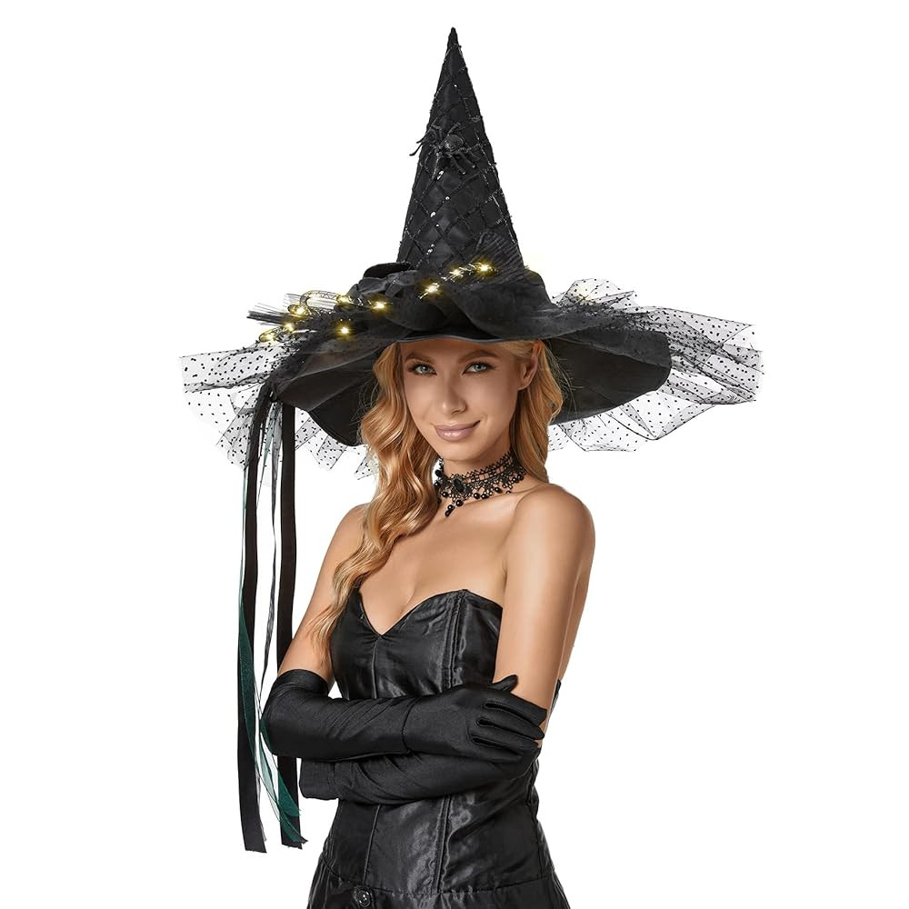 Halloween Witch Hat-Classic Black Felt Hat for Women, Girls, Party Costume Accessory(LED Glowing ... | Amazon (US)