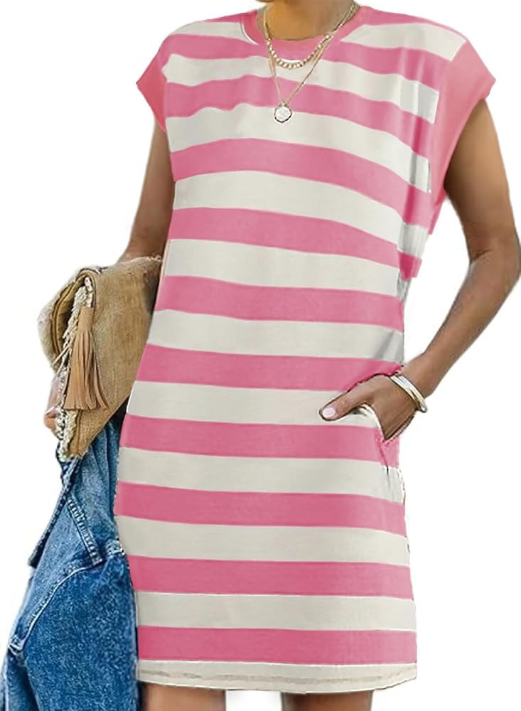 AlvaQ Womens Striped Summer Dresses 2025 Crewneck Cap Sleeve Color Block Casual A Line Tshirt Dre... | Amazon (US)
