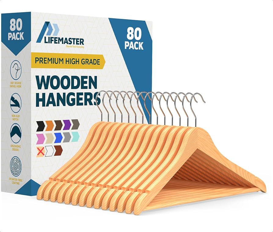 Lifemaster Wooden Hanger Set - 80 Pieces Non-Slip Versatile Closet Space-Saving Hanger Set for Su... | Amazon (US)
