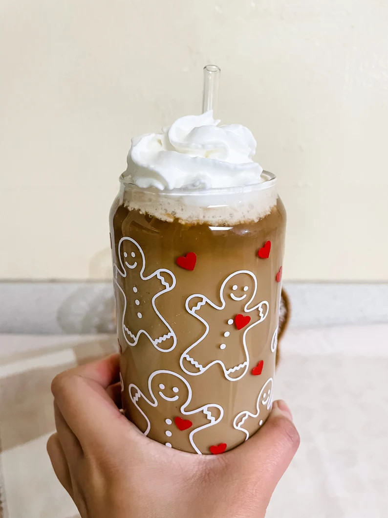 Gingerbread Man Glass Cup: Christmas Iced Coffee Can With Straw & Lid - Etsy | Etsy (US)
