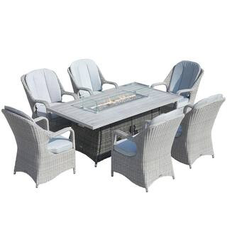 Direct Grey 7-Pieces Wicker Outdoor Fire Pit Dining Table Set Semicircle Rattan Chairs and Grey Cushions | The Home Depot