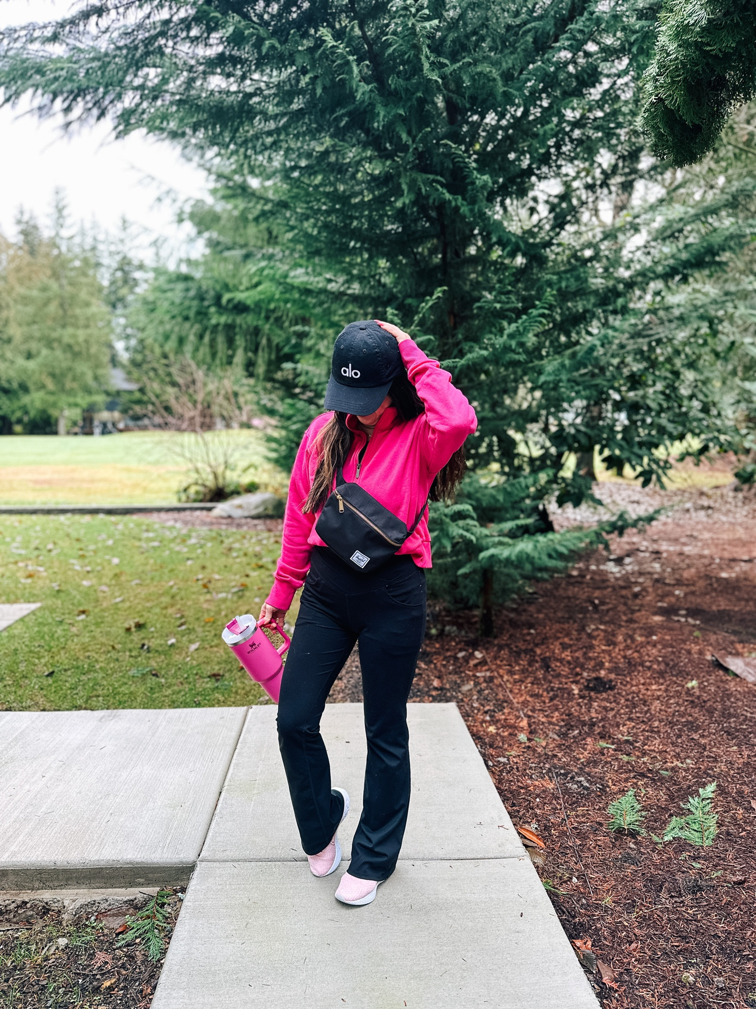 Half zip Pullover 
Flare pants
Athleisure 
Yoga pants
Belt bag 

#LTKFind #LTKitbag #LTKfit