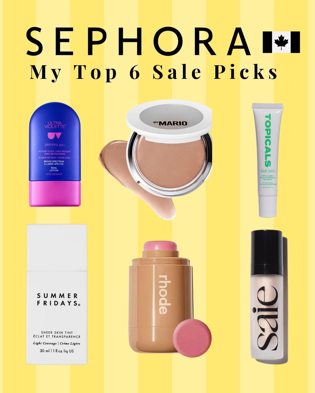 If I could only recommend 6 products to grab during Sephora’s VIB sale, these are absolutely the ones:

1. Ultra Violette Future Fluid SPF: Mineral SPF perfect for sensitive skin. Gives a natural glow. 

2. Makeup by Mario Skin Enhancer: My holy grail bronzer. Looks like skin, not contour. 

3. Topicals Lip Salve: Thick, hydrating and minty. The best lip balm. 

4. Summer Fridays Skin Tint: Evens out skin tone while staying natural and glowy. 

5. Rhode Pocket Blush: Creamy, well pigmented and easy to blend. 

6. Saie Glowy Super Gel: My absolute favourite highlight. Wear alone, under makeup or mixed with foundation. Instant Glow.

#LTKcanada #LTKbeauty #LTKsale