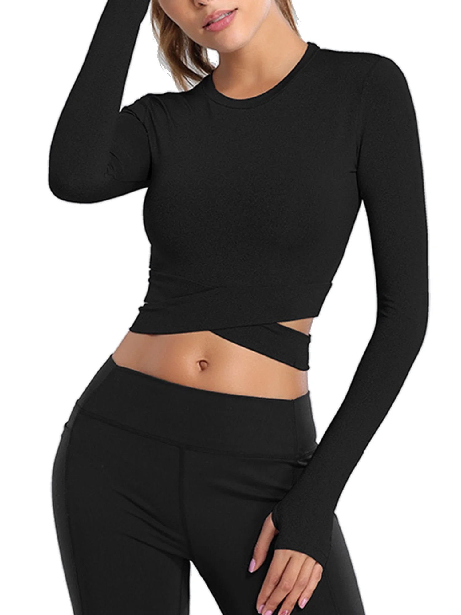 Avamo Tummy Cross Sports Shirts for Women Moisture Wicking Long Sleeve Sexy Crop Top Shirts Activ... | Walmart (US)