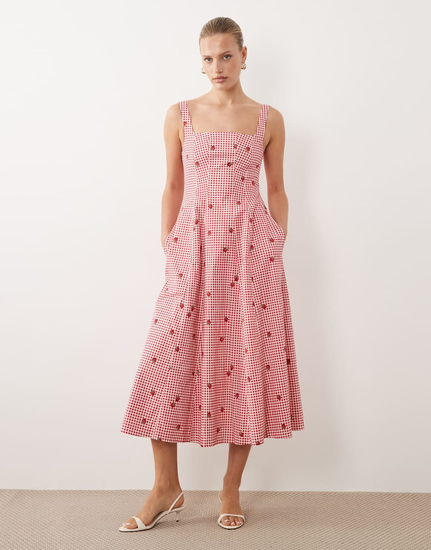 Abercrombie & Fitch sleeveless midi dress with godet hem in red gingham and strawberry print-Pink | ASOS (Global)