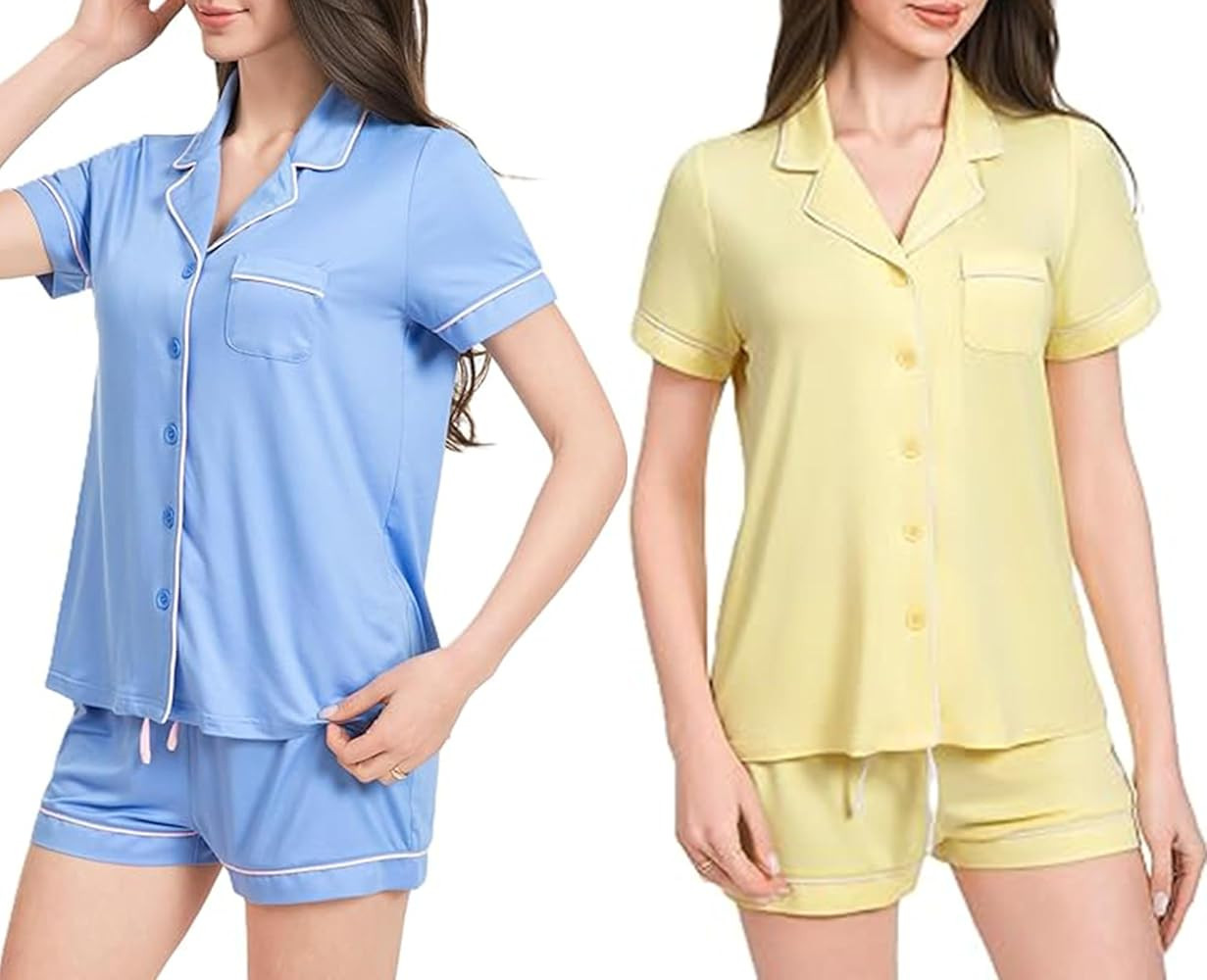 Women's Pajama Short Set 2-Pack - Lightweight Soft PJ Sets for Women with Button-Front Top, Elast... | Amazon (US)