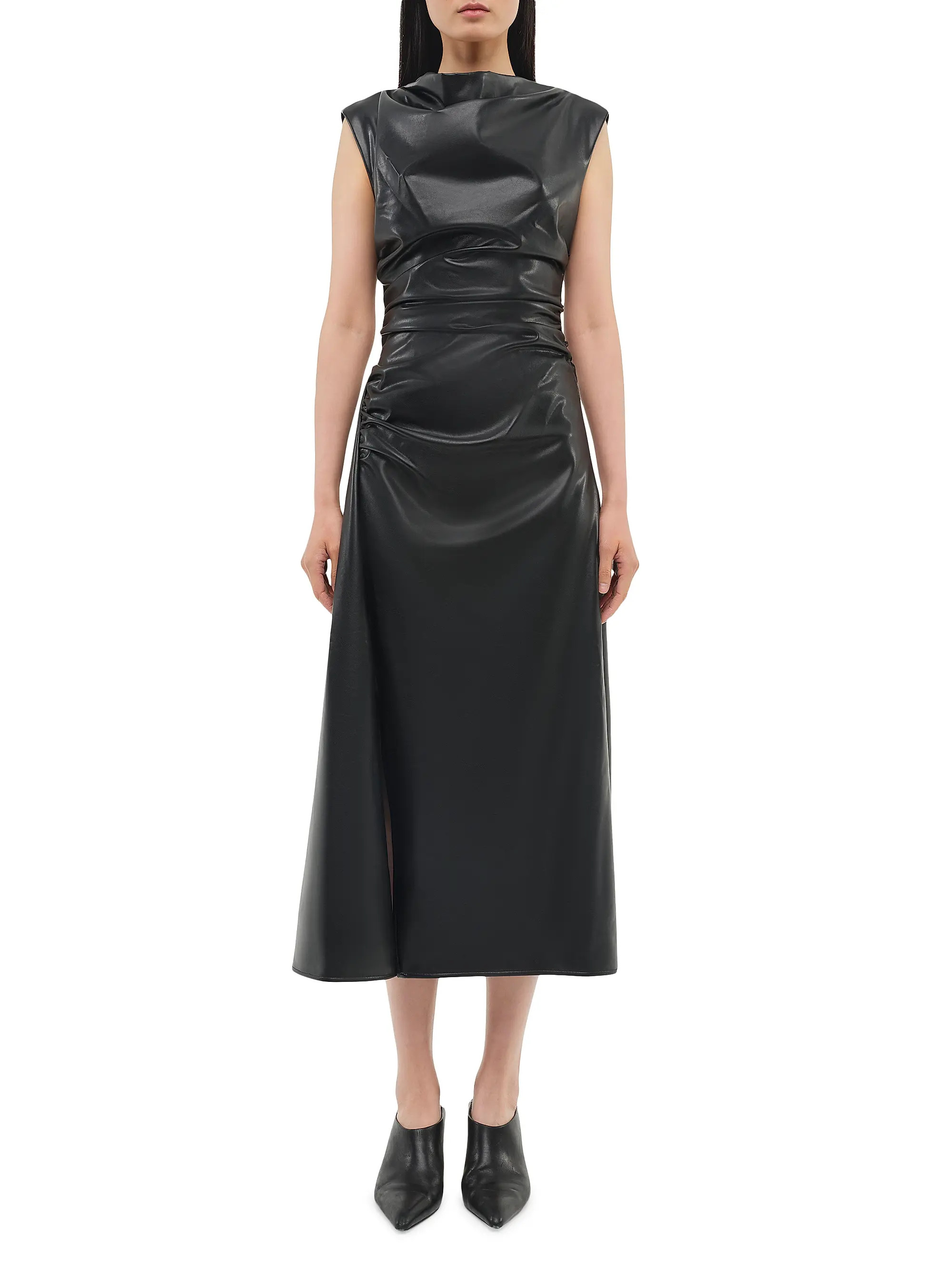 SIMKHAI Burke Faux Leather Draped Midi-Dress | Saks Fifth Avenue | Saks Fifth Avenue