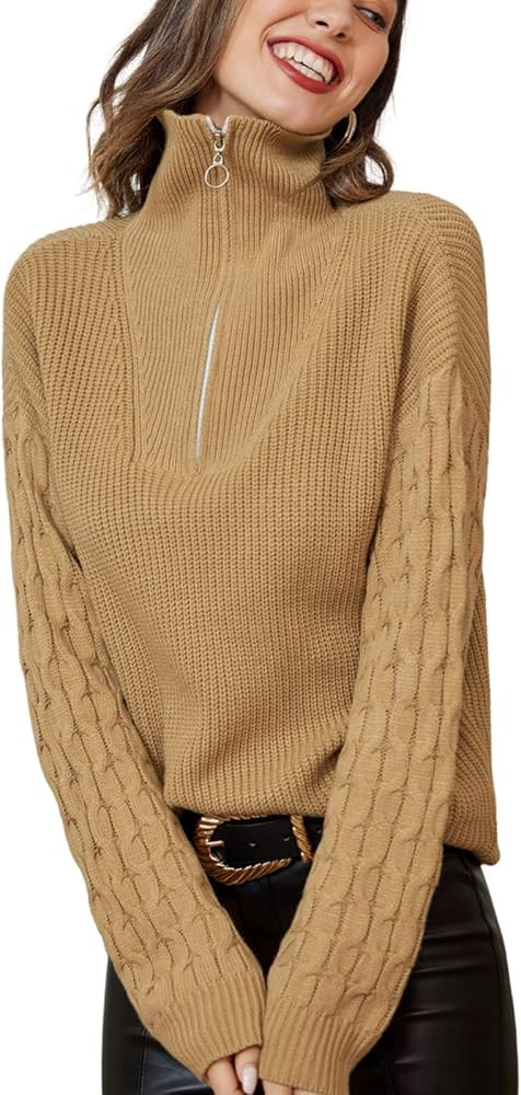 Kate Kasin Women Quarter-Zip Sweater Long Sleeve Lapel Drop Shoulder Knit Pullover Sweater Loose ... | Amazon (US)