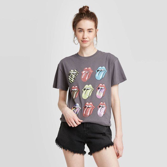 Women's Rolling Stones Multi Logo Short Sleeve Boyfriend Graphic T-Shirt - Gray | Target