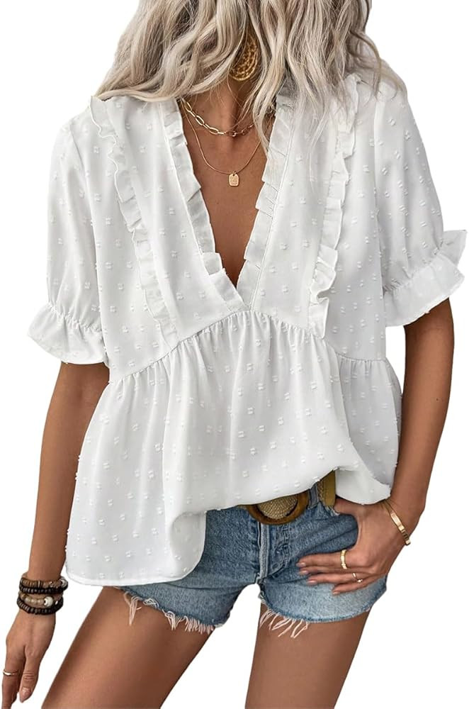 Womens Ruffle Blouses Fashion V Neck Babydoll Tops Summer Beach Vacation Boho Clothes | Amazon (US)